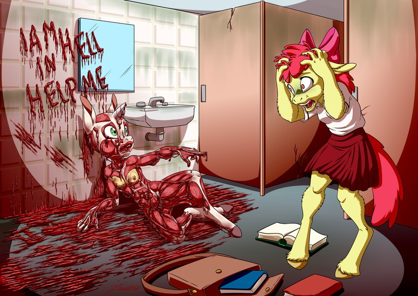 anthro bathroom blood bodily_fluids chain duo female flayed gore gore_focus holidays leather male muscular skinless terror torture zooshi friendship_is_magic halloween hasbro hellraiser my_little_pony apple_bloom_(mlp) sweetie_belle_(mlp) cenobite equid equine horse mammal pony 2023 absurd_res hi_res