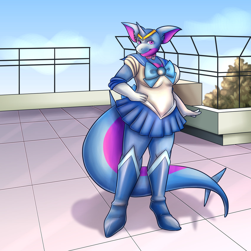 anthro big_breasts bow_(feature) bow_in_front breasts brooch female pose roleplay rooftop school solo domidonga nintendo pokemon sailor_moon_(series) ami_mizuno precious_(character) sailor_mercury generation_1_pokemon nidoqueen pokemon_(species) 1:1 absurd_res hi_res