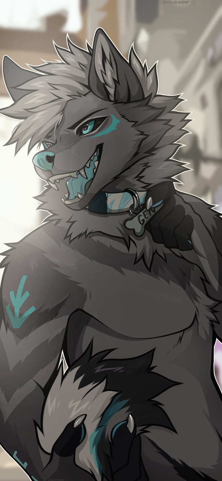 anthro black_sclera blue_eyes blue_nose blue_tongue collar fangs fur grey_body grey_fur inner_ear_fluff male open_mouth smile solo teeth tongue tuft angiewolf canid canine canis domestic_dog husky mammal nordic_sled_dog spitz 2023 hi_res