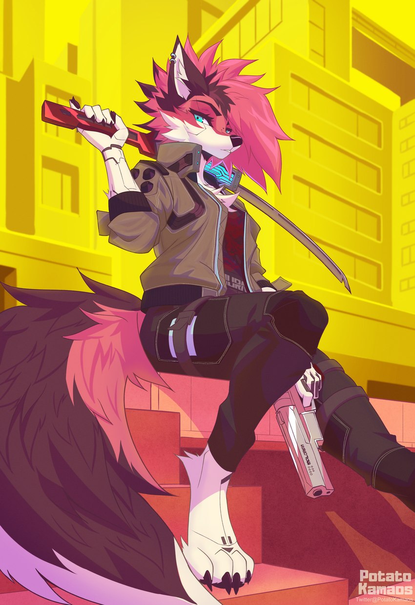 anthro barefoot big_tail blue_eyes bottomwear clothing cyberpunk digitigrade feet future gun melee_weapon ranged_weapon sitting smile solo streetwear sword tail techwear topwear weapon potatokamaos cd_projekt_red cyberpunk_2077 v_(cyberpunk_2077) canid canine fox mammal 2022 absurd_res digital_media_(artwork) hi_res