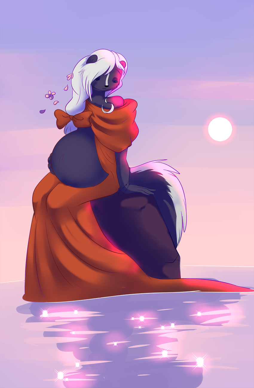 4_fingers anthro belly bent_legs big_belly black_body black_fur black_nose black_tail blue_sky closed_smile clothed clothed_anthro clothed_female clothing detailed_background dress eyelashes eyes_closed facial_markings female fingers flower fluffy fluffy_tail fur hair hand_on_own_belly head_markings light long_hair markings mouth_closed multicolored_body multicolored_fur on_rock orange_clothing orange_dress orange_hair_bow outside petals pink_flower plant pregnant pregnant_anthro pregnant_female rock sitting sitting_on_rock sky smile solo sparkles sun tail thin_eyebrows two_tone_body two_tone_fur two_tone_tail water white_hair white_markings white_tail black_kitty eternal_forwardness ashe_grewirt mammal mephitid skunk 2025 colored digital_drawing_(artwork) digital_media_(artwork) english_description hi_res lighting shaded