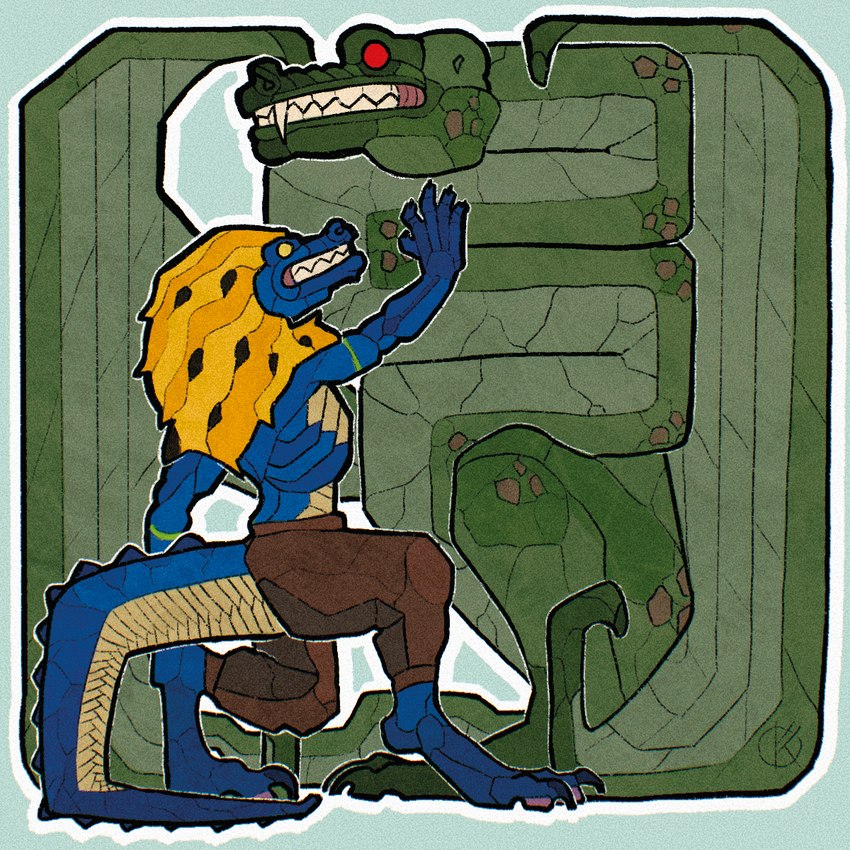 anthro aztec blue_body claws feral fur_cloak green_body long_neck male mesoamerican_architecture mosaic outline red_eyes showing_teeth tail yellow_eyes ponynok european_mythology heroes_of_might_and_magic_3 mythology broghild_(homm) dragon lizard mythological_creature mythological_scalie reptile scalie western_dragon wyvern 1:1 digital_media_(artwork) hi_res