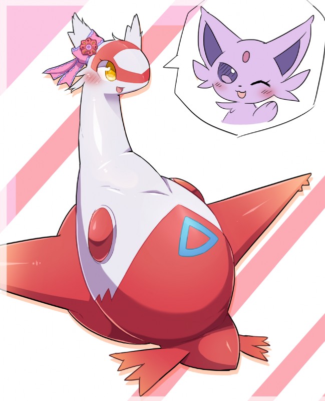 ambiguous_gender blush ear_ribbon eyelashes open_mouth purple_eyes speech_bubble yellow_eyes ecru_(artist) nintendo pokemon eeveelution espeon generation_2_pokemon generation_3_pokemon latias legendary_pokemon pokemon_(species) hi_res