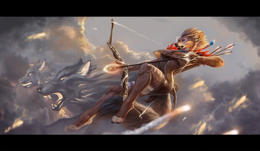 anthro arrow_(weapon) black_bars black_nose bow_(weapon) cocked_bow day detailed_background detailed_fur duo female feral fur holding_bow_(weapon) holding_object holding_ranged_weapon holding_weapon open_mouth outside ranged_weapon sky teeth tongue weapon conditional_dnp latex_(artist) fhyra black-backed_jackal canid canine canis jackal mammal 2020 detailed digital_media_(artwork) hi_res