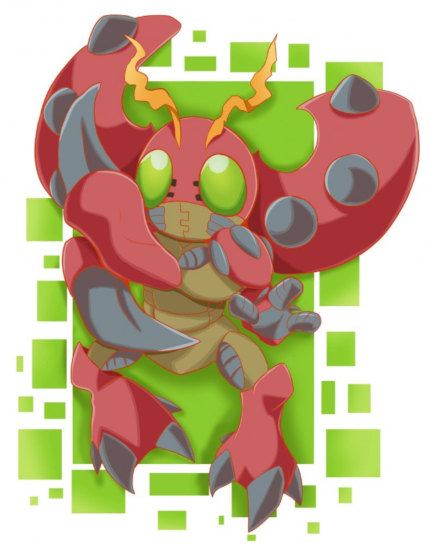 3_fingers ambiguous_gender antennae_(anatomy) anthro big_eyes claws fingers front_view green_eyes multi_arm multi_limb red_body red_skin simple_background solo white_background wings sarah_richford bandai_namco digimon arthropod digimon_(species) insect tentomon full-length_portrait hi_res portrait