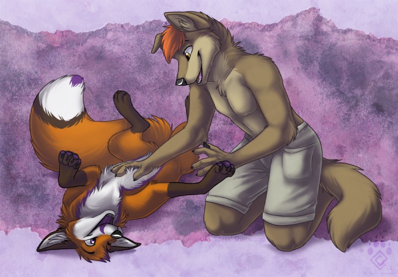 anthro belly_rub brown_body brown_fur clothed clothing duo feral fur hair lying male on_back orange_hair topless idess keagos canid canine canis coyote fox mammal 2014