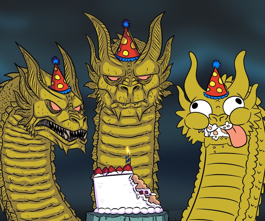 ambiguous_gender blep cake clothing derp_eyes dessert eating_cake fangs food gold_scales group hat headgear headwear horn humor looking_aside multi_head open_mouth party party_hat pink_eyes simple_background teeth tongue tongue_out michaeljlarson european_mythology godzilla_(series) greek_mythology mythology toho kevin_(godzilla) king_ghidorah hydra kaiju scalie 2024 headshot_portrait hi_res meme portrait