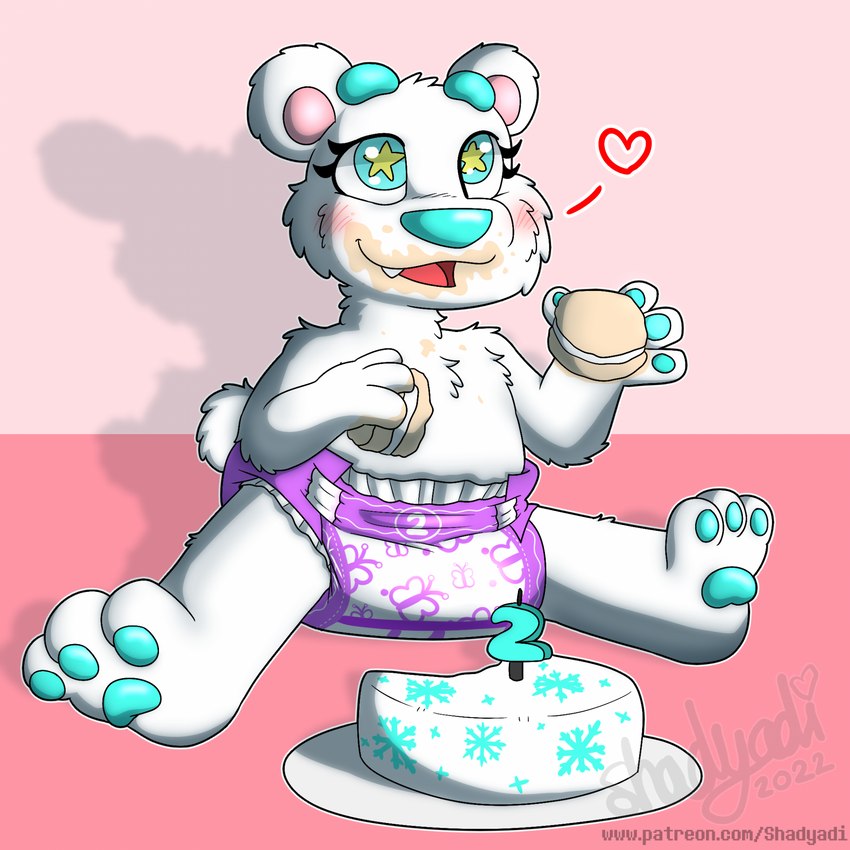 3_toes 4_fingers anthro bear_tail blue_eyebrows blue_eyes blue_pawpads blush blush_lines butterfly_pattern butterfly_print cake cake_slice clean_diaper clothed clothing dessert diaper diaper_only eating eyebrows feet female fingers fluffy food food_on_mouth fur heart_symbol holding_food holding_object looking_at_another number_on_bottomwear number_on_clothing number_print on_ground one_tooth open_mouth pantsless pattern_diaper pawpads plate print_diaper purple_diaper round_ears simple_background sitting smile snowflake_pattern snowflake_print solo spread_legs spreading star_eye star_eyes text three-quarter_view toes tongue topless wearing_diaper white_body white_diaper white_fur young young_anthro young_female shadyadi frost_(foxy_the_magician_fox) bear mammal 1:1 2023 artist_name hi_res shaded url watermark