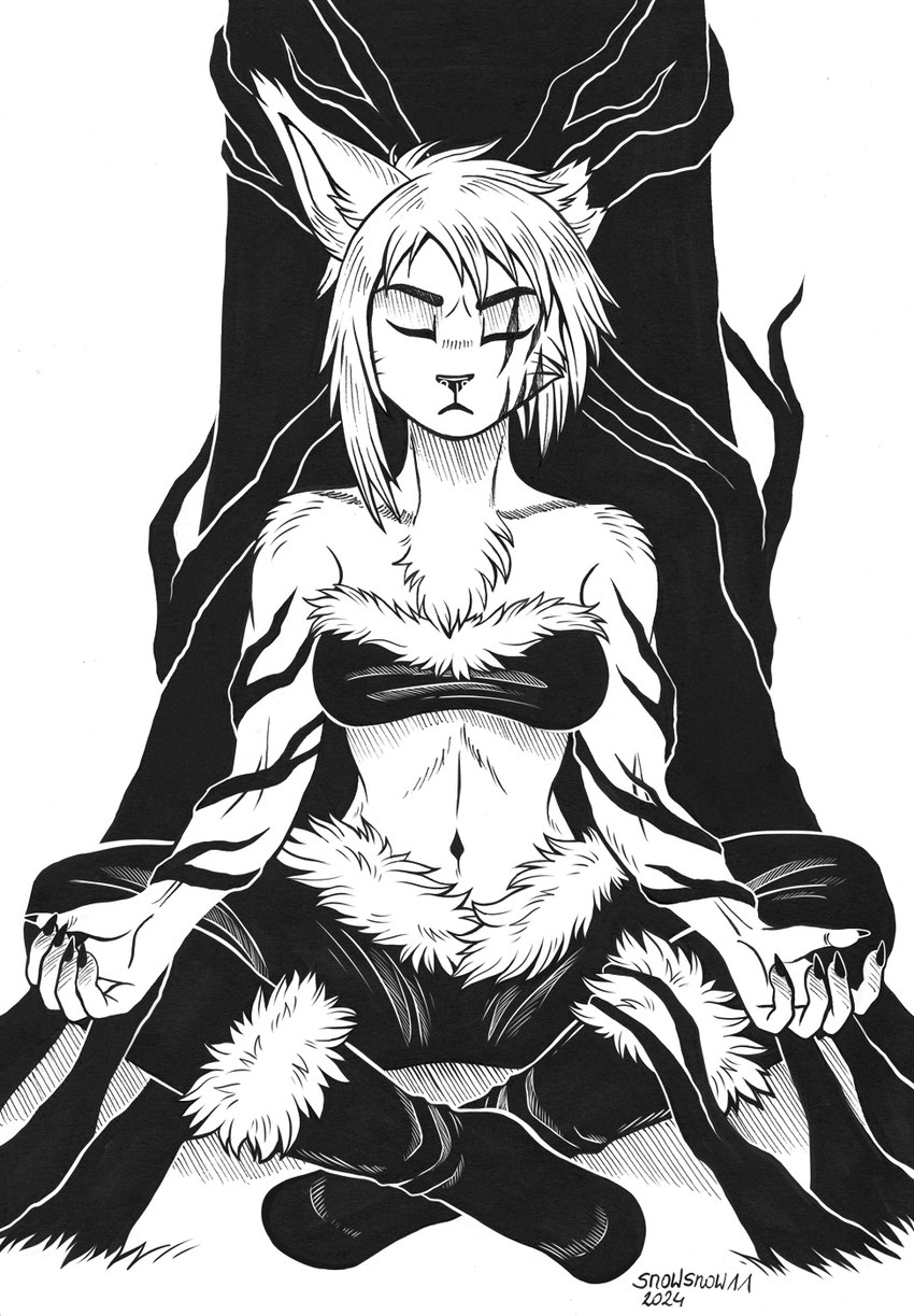 5_fingers anthro boots breasts calm chest_tuft clothing eye_scar eyes_closed facial_scar female fingers footwear front_view frown holidays meditation missing_ear nails navel one_ear_up plant roots scar shoes sitting solo tree tuft snowsnow11 halloween dryad mammal 2024 full-length_portrait hi_res monochrome portrait