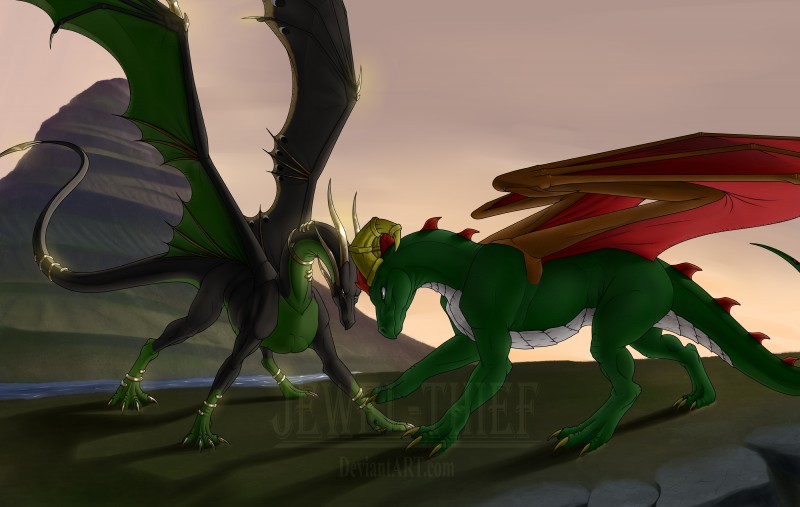 claws day detailed_background duo female feral horn male membrane_(anatomy) membranous_wings outside sky spines standing tail wings jewel-thief european_mythology mythology terran_(yoshifinder) dragon mythological_creature mythological_scalie scalie western_dragon 2015 absurd_res digital_media_(artwork) hi_res