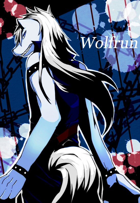 anthro belt black_nose blue_eyes chain clothed clothing fur grey_body grey_fur hair long_hair looking_at_viewer solo teeth white_hair wristband 六隔 pretty_cure smile_pretty_cure wolfrun canid canine canis mammal wolf hi_res