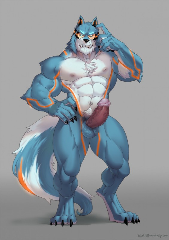 abs anthro balls biceps big_penis biped black_nose blue_body blue_eyes blue_fur chest_tuft claws erection fangs feet fur genitals looking_at_viewer male muscular muscular_anthro muscular_male navel nipples nude orange_body orange_fur pecs penis raised_arm solo standing teeth thick_penis toe_claws tuft vein veiny_penis white_body white_fur tigari randolph_(xuan_sirius) canid canine canis mammal wolf 2016 hi_res signature