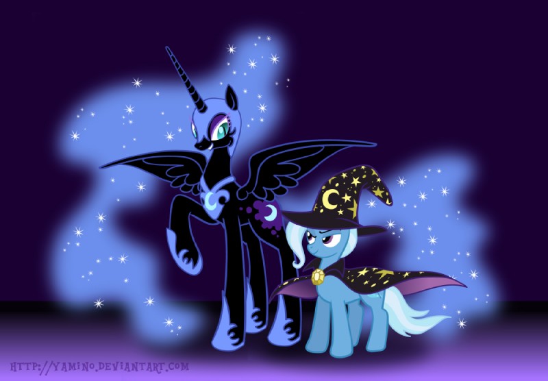 armor black_body black_feathers cape clothing cutie_mark duo feathered_wings feathers female feral hat headgear headwear horn purple_background quadruped simple_background size_difference standing star tail wings wizard_hat yamino friendship_is_magic hasbro my_little_pony mythology nightmare_moon_(mlp) trixie_(mlp) equid equine mammal mythological_creature mythological_equine winged_unicorn