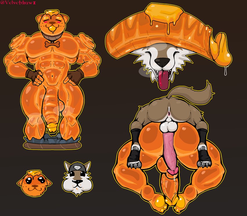 anthro big_butt big_penis bodily_fluids bread butt butt_stack duo food foreskin genital_fluids genitals long_penis male male/male muscular muscular_male penis precum presenting size_difference size_play velvetdraw epic_games fortnite doughberman wendell_(fortnite) canid canine canis mammal wolf hi_res