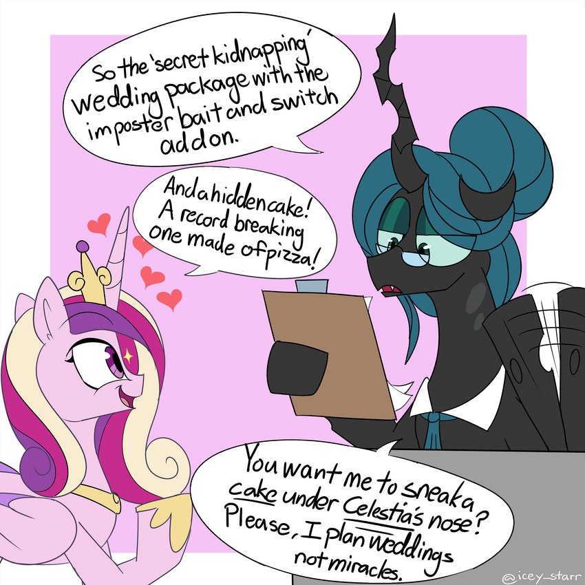 clipboard crown dialogue duo eyewear female feral glasses hair headgear horn humor insect_wings multicolored_hair necktie simple_background speech_bubble text wings icey_(artist) friendship_is_magic hasbro my_little_pony mythology princess_cadance_(mlp) queen_chrysalis_(mlp) arthropod changeling equid equine mammal mythological_creature mythological_equine unicorn winged_unicorn 1:1 absurd_res english_text hi_res