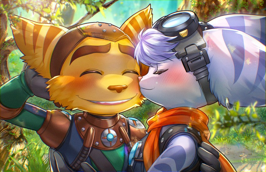 anthro blue_body blue_fur blush duo eyes_closed eyewear female fur goggles head_tuft heart_symbol hug kemono love male male/female pink_nose romantic romantic_couple scarf smile stripes tuft yellow_body yellow_fur ekm_ekm_ekm insomniac_games ratchet_and_clank sony_corporation sony_interactive_entertainment ratchet_(ratchet_and_clank) rivet_(ratchet_and_clank) lombax mammal