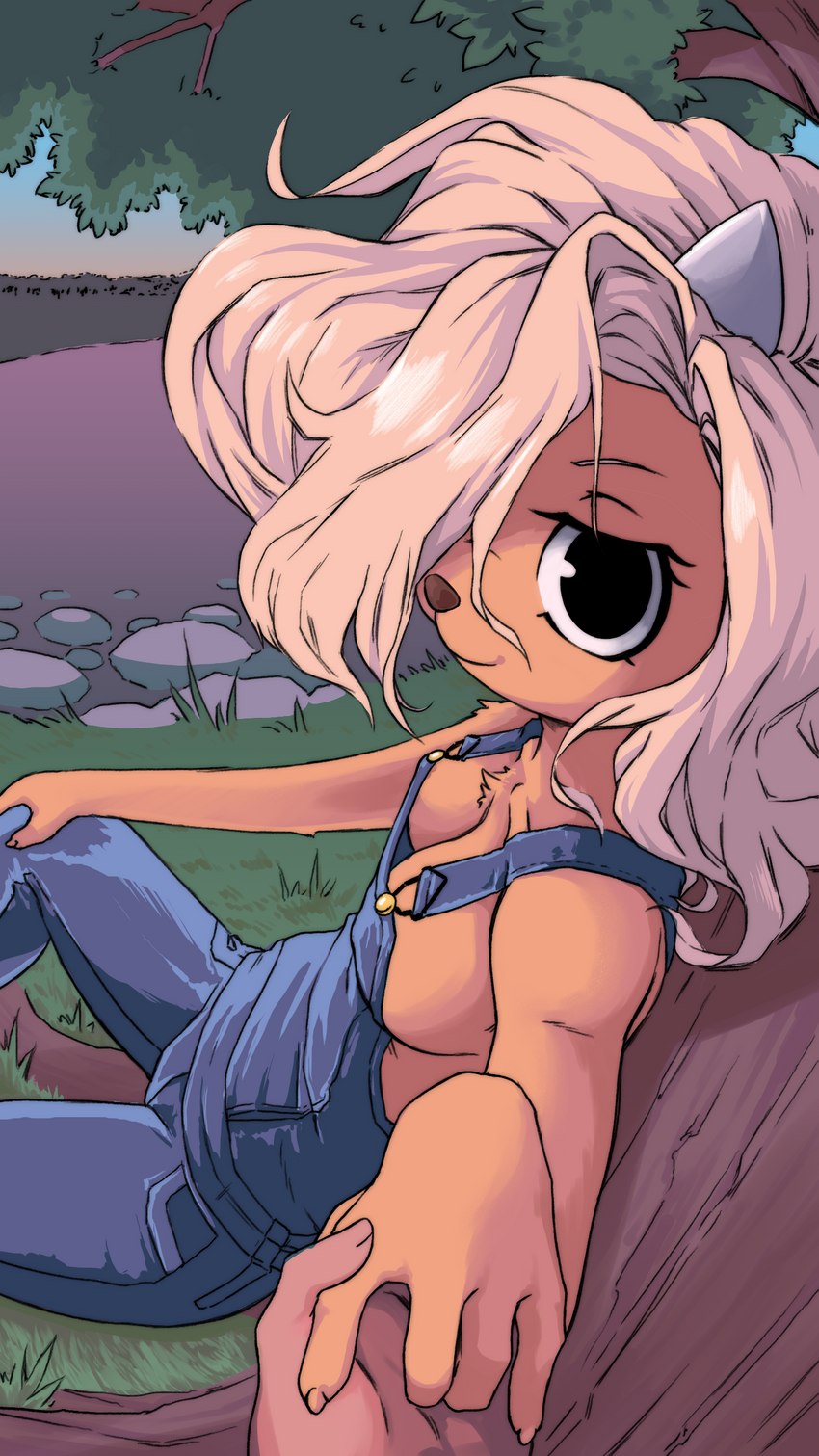 1_horn ambiguous_gender anthro arm_tuft biped blonde_hair breasts brown_nose chest_tuft cleavage clothed clothing detailed_background down_blouse duo female first_person_view full_cleavage fur grass hair hair_over_eye hand_holding horn inner_boob looking_at_viewer nipple_outline no_bra one_eye_obstructed orange_body orange_fur outside overalls overalls_only plant pond shoulder_tuft sitting solo_focus tree tuft plagueofgripes adventure_time cartoon_network bronwyn_(adventure_time) bear canid canine canis domestic_dog hybrid mammal rainicorn 2023 9:16 absurd_res digital_media_(artwork) hi_res