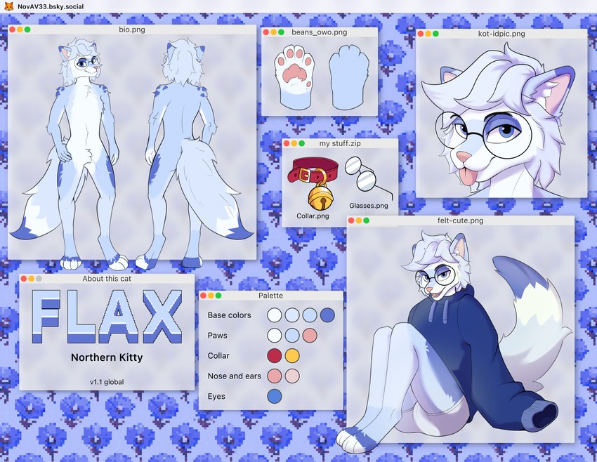 anthro bell bell_collar blue_body blue_fur clothing collar eyewear fur glasses looking_at_viewer male oversized_clothing oversized_topwear sitting solo standing text topwear white_body white_fur novav33 domestic_cat felid feline felis mammal absurd_res english_text hi_res model_sheet