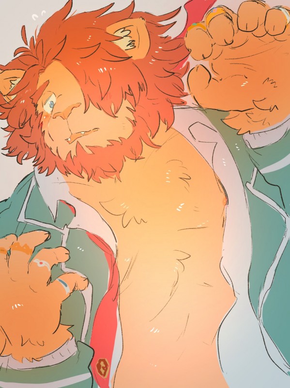 anthro beard belly blush clothed clothing facial_hair humanoid_hands male moobs nipples open_clothing open_shirt open_topwear shirt solo topwear buta5kawa hamuga86 lifewonders tokyo_afterschool_summoners oz_(tas) felid lion mammal pantherine 2019 hi_res