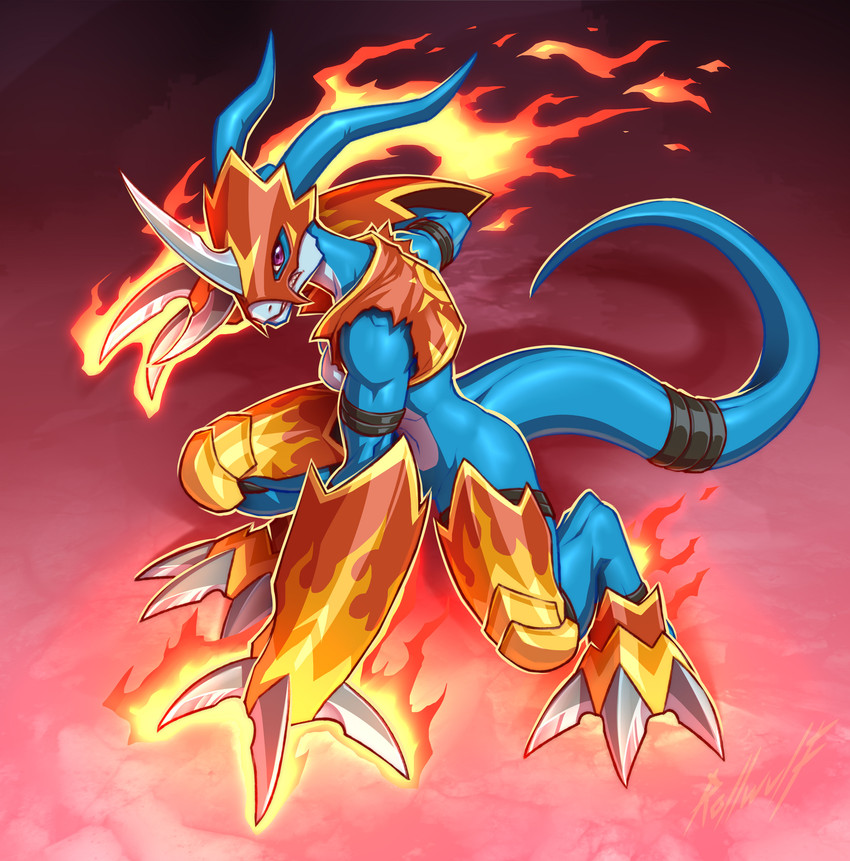 accessory angry anthro armor blue_body blue_skin breasts claws clothing damaged_clothing digitigrade female fighting_pose fire furgonomics looking_at_viewer pose purple_eyes simple_background solo standing straps tail tail_accessory rollwulf bandai_namco digimon digimon_(species) flamedramon absurd_res hi_res