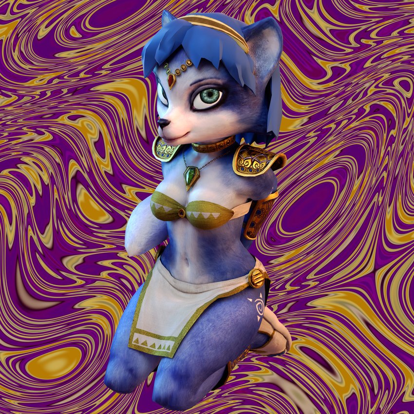 abstract_background anthro arm_pads armor big_breasts blue_body blue_fur blue_hair breasts clothed clothing female footwear fur glowing glowing_eyes green_eyes hair jewelry looking_at_viewer markings necklace psychedelic_background sandals shoes shoulder_pads solo tail thick_thighs tribal tribal_markings dewsand07 nintendo star_fox krystal_(star_fox) lavik_krystal canid canine fox mammal 1:1 3d_(artwork) absurd_res digital_media_(artwork) hi_res