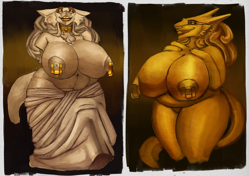 anthro breasts collar female gold_(metal) hand_on_breast lips mature_anthro mature_female nipple_piercing nipples overweight overweight_anthro overweight_female piercing sculpture smile solo statue tail thick_lips grishnax venus_(djpuppeh) sergal