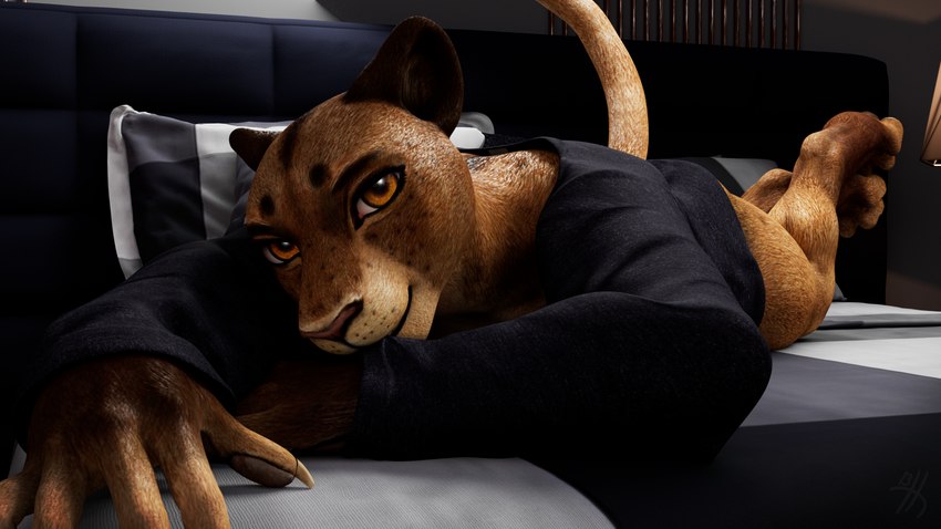 anthro bed bedroom bottomless claws clothed clothing female fur furniture lying multicolored_body multicolored_fur on_front orange_body orange_eyes orange_fur shirt solo topwear thirteeenth jorie_(thirteeenth) felid lion mammal pantherine 16:9 3d_(artwork) digital_media_(artwork) hi_res widescreen