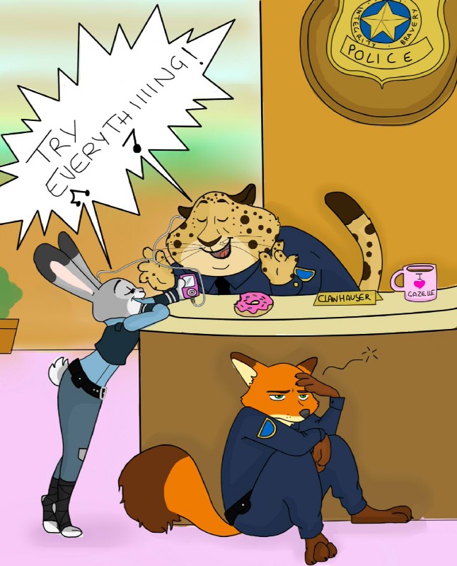 anthro container cup dessert doughnut electronics female food fur group male pastry portable_music_player singing frava8 apple_inc. disney ipod zootopia benjamin_clawhauser judy_hopps nick_wilde canid canine cheetah felid feline fox lagomorph leporid mammal rabbit red_fox true_fox hi_res