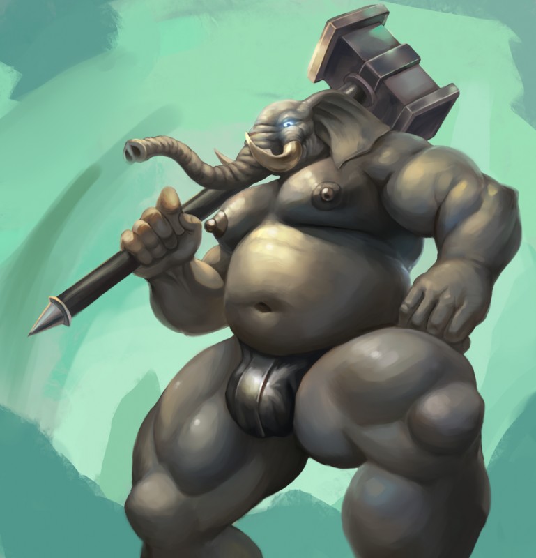 anthro areola belly biceps big_muscles bottomwear bulge clothed clothing glowing glowing_eyes grey_body grey_skin hammer loincloth looking_at_viewer male musclegut muscular muscular_anthro muscular_male navel nipples overweight overweight_anthro overweight_male pecs pose quads simple_background skimpy solo standing tools topless trunk tusks esonver hysterium elephant elephantid mammal proboscidean digital_media_(artwork) hi_res shaded