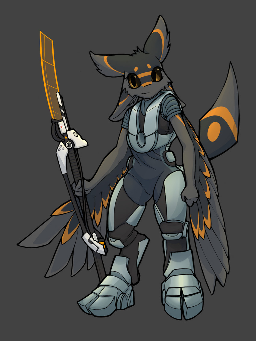 3_fingers 4_ears ambiguous_gender anthro armor avalon_(avali_homeworld) black_armor black_body black_feathers black_sclera clothed clothing feathers feet fingers fully_clothed grey_background grey_body grey_feathers holding_object holding_weapon looking_at_viewer melee_weapon multi_ear orange_body orange_eyes orange_feathers simple_background solo standing sword toes weapon white_armor winged_arms wings compound_lift avali 3:4 hi_res