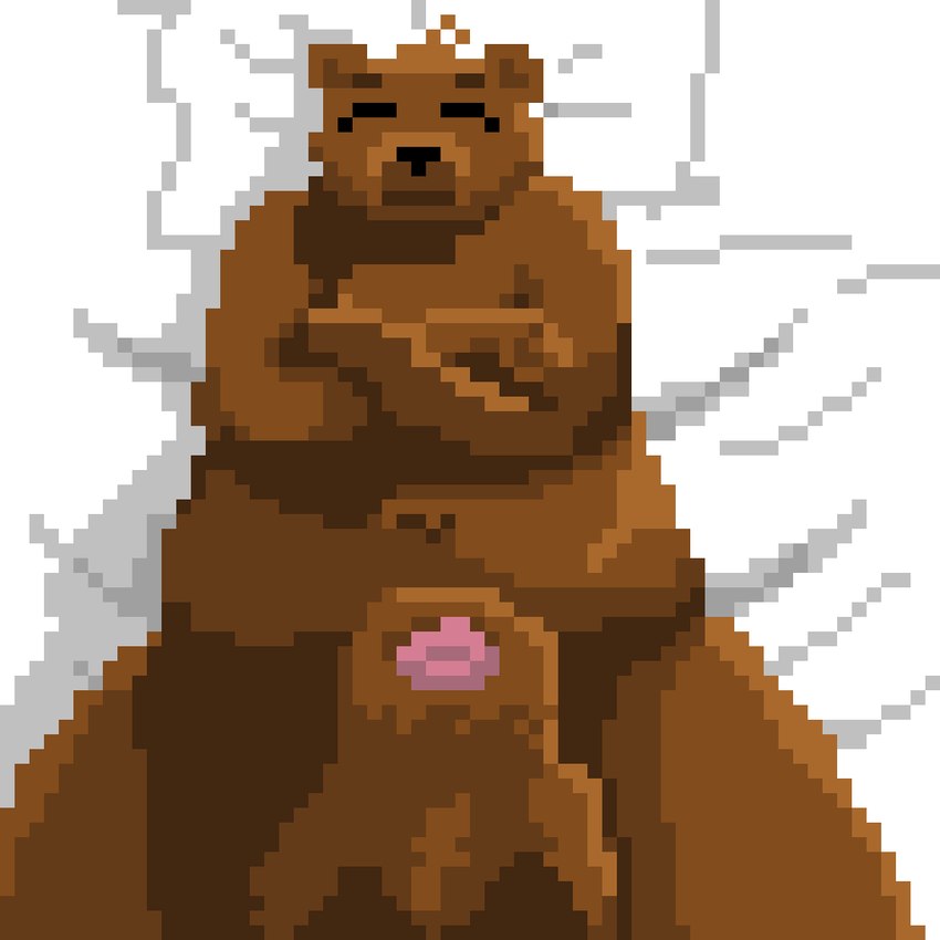 animal_genitalia animal_penis anthro balls bed big_balls big_sheath brown_body brown_fur crossed_arms fur furniture genitals male on_bed penis penis_tip sheath slightly_chubby solo greennitro bear mammal 1:1 digital_media_(artwork) pixel_(artwork)