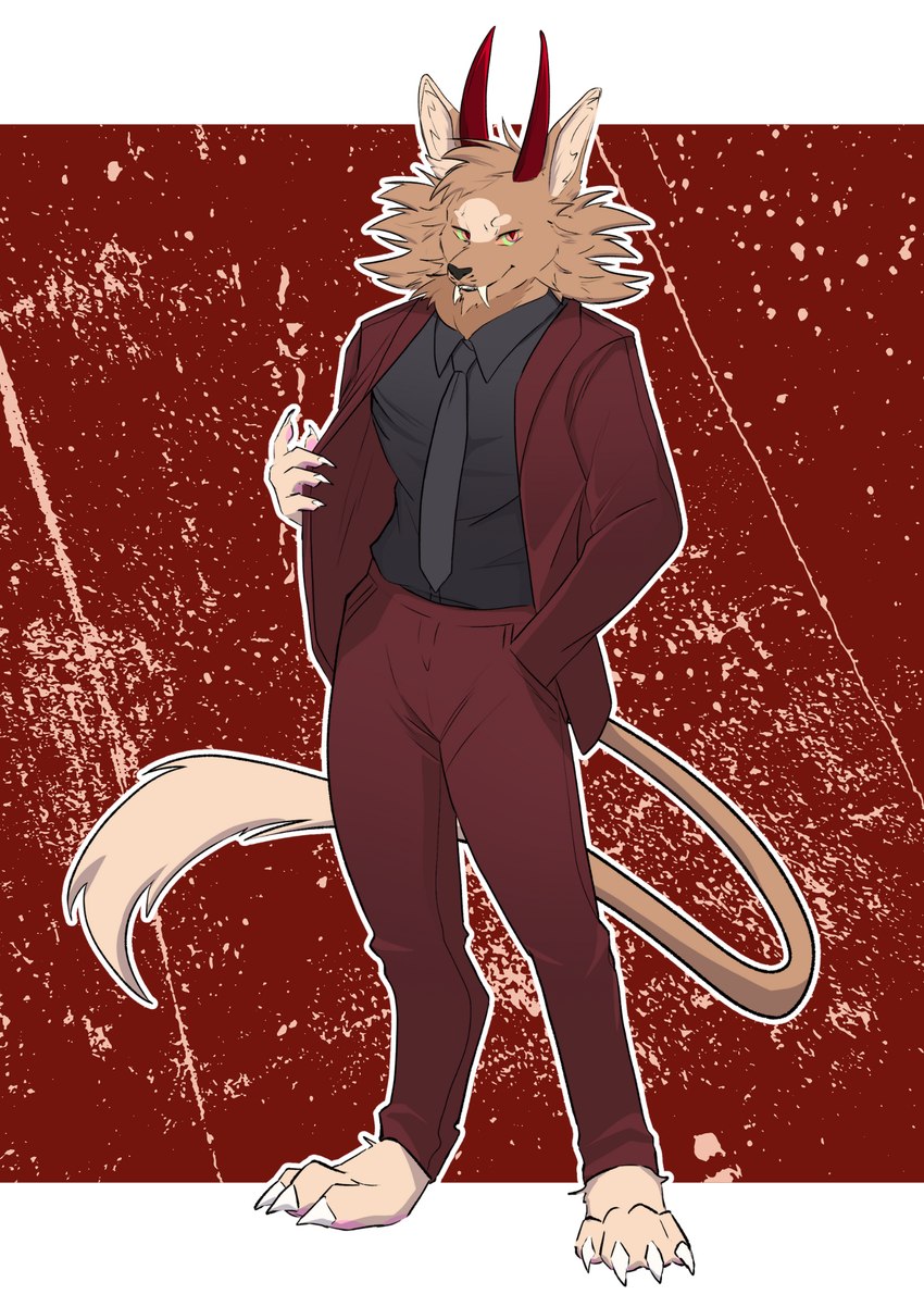 anthro black_clothing black_shirt black_tie_(suit) black_topwear border claws clothing fangs fur half-closed_eyes hand_in_pocket horn looking_at_viewer male narrowed_eyes outline pockets red_background red_clothing red_horn red_suit sharp_teeth shirt simple_background slightly_open_mouth solo standing suit tail tail_tuft tan_body tan_fur teeth textured_background topwear tuft white_border white_outline ryzcii milo_the_cat_demon demon felid feline mammal 2024 digital_media_(artwork) hi_res