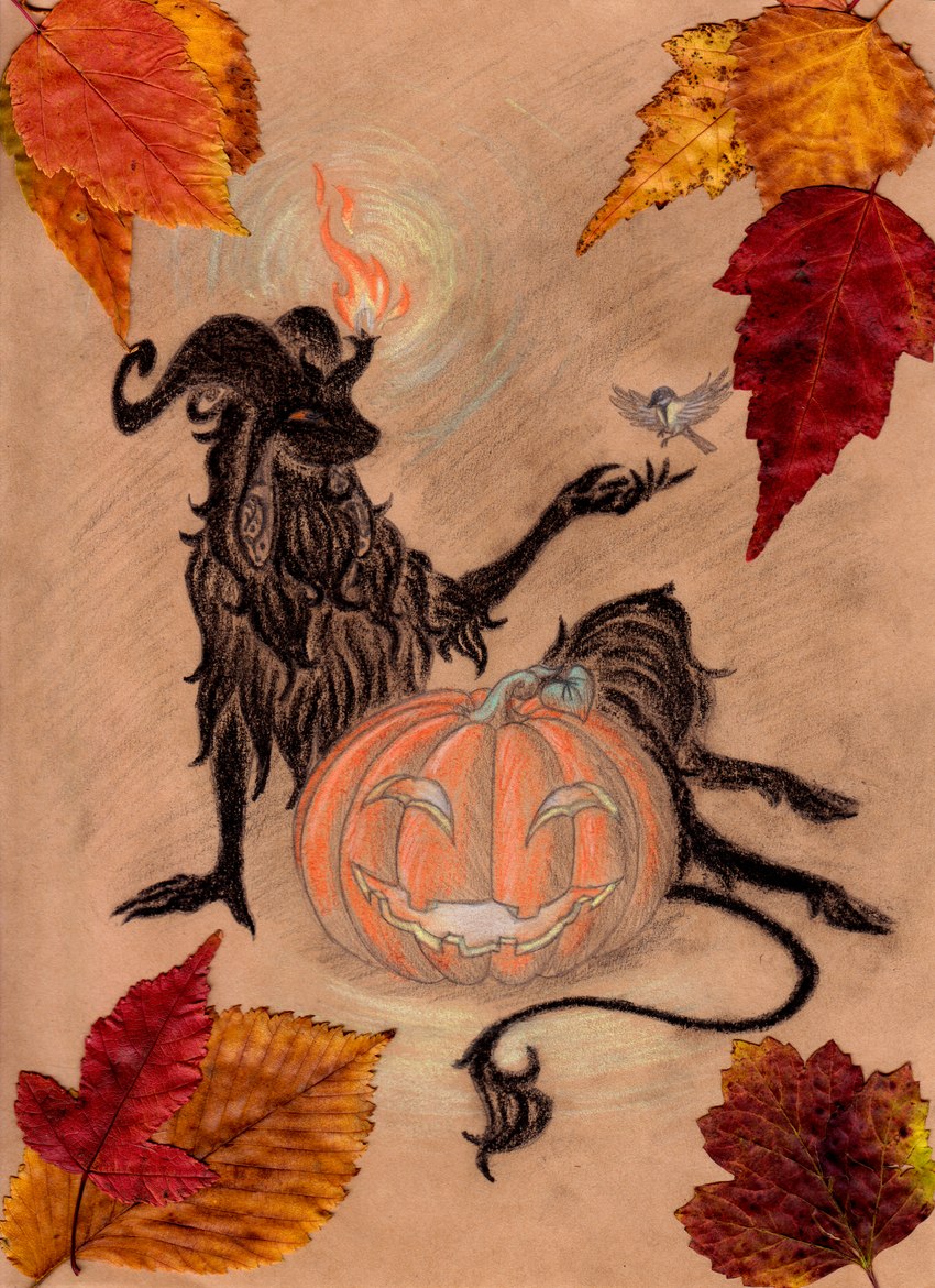 ambiguous_gender anthro autumn_leaves black_body black_fur black_hair duo ear_tattoo feral fire flying food fruit fur hair holidays hooves jack-o'-lantern leaf long_fur long_hair long_tail neck_tuft orange_eyes plant pumpkin sitting tail tail_tuft tuft taraelblackwing halloween tsapraka_(taraelblackwing) avian bird bovid caprine caprine_demon demon eldritch_abomination goat goat_demon great_tit mammal oscine passerine tit_(bird) absurd_res collage_(artwork) graphite_(artwork) hi_res mixed_media pastel_(artwork) traditional_media_(artwork)