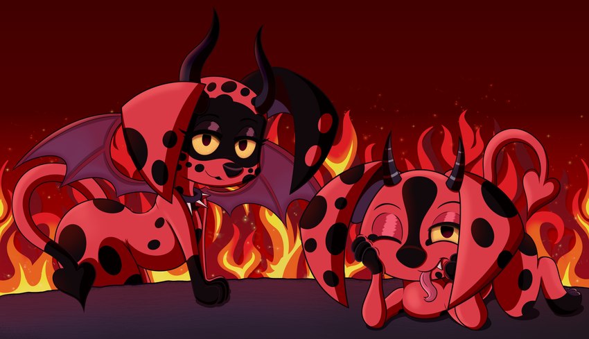 anthro big_butt butt collar demonic duo female female/female feral fire fur hell horn huge_butt paws red_body red_skin smile tail barbouille_pierre 101_dalmatian_street 101_dalmatians disney dee_dee_(101_dalmatians) dizzy_(101_dalmatians) canid canine canis demon domestic_dog humanoid mammal succubus absurd_res digital_media_(artwork) hi_res