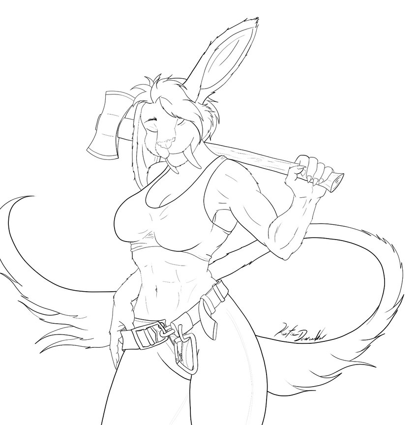 abs anthro belt bra breasts calm clothing fangs female long_tail lumberjack muscular muscular_anthro muscular_female sabertooth_(anatomy) serene solo sports_bra tail teeth underwear unzipped unzipped_pants zipper deerwalker felid feline hybrid lagomorph mammal hi_res line_art monochrome