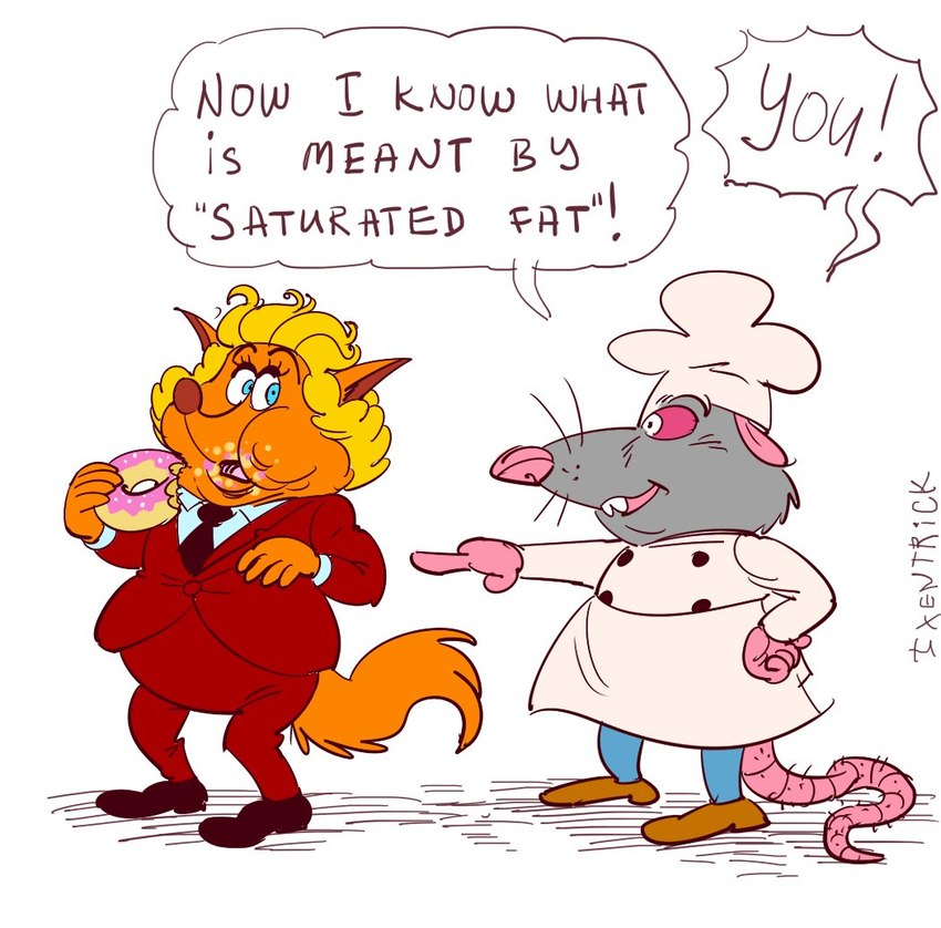 anthro bottomwear chef_hat chef_uniform clothing dessert dialogue doughnut duo eating food grey_body hat headgear headwear male necktie pants pastry shirt slightly_chubby text topwear ixentrick canid canine fox mammal murid murine rat rodent 2024 english_text