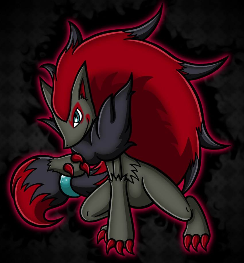 ambiguous_gender anthro arm_tuft black_body black_fur blue_eyes claws digitigrade fur grey_body grey_fur hair head_markings highlights_(coloring) inner_ear_fluff long_hair markings ponytail red_claws red_hair red_inner_ear red_markings shoulder_tuft smile solo toe_claws tuft drinkyourvegetable game_freak nintendo pokemon canid canine generation_5_pokemon mammal pokemon_(species) zoroark 2014