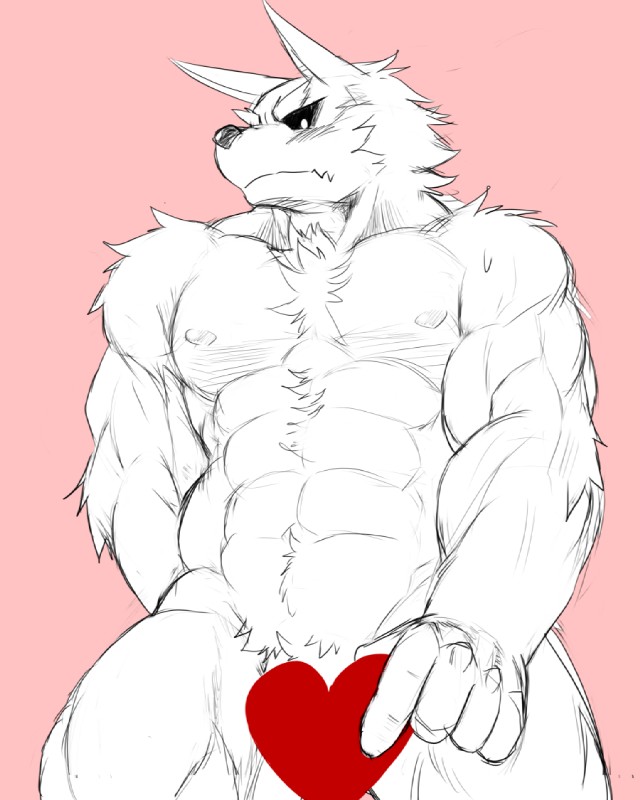 abs anthro biceps biped chest_tuft covering covering_crotch covering_self fur heart_symbol male muscular muscular_anthro muscular_male nipples nude pecs pink_background simple_background solo standing teasing tuft white_body white_fur mti777 canid canine mammal 4:5