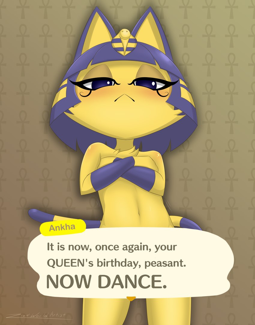 anthro blush convenient_censorship crossed_arms dialogue dialogue_box exposure_variation female flat_chested frown header header_box looking_at_viewer nude solo text text_header zionworldartist animal_crossing ankha_zone nintendo ankha_(animal_crossing) domestic_cat felid feline felis mammal absurd_res english_text hi_res