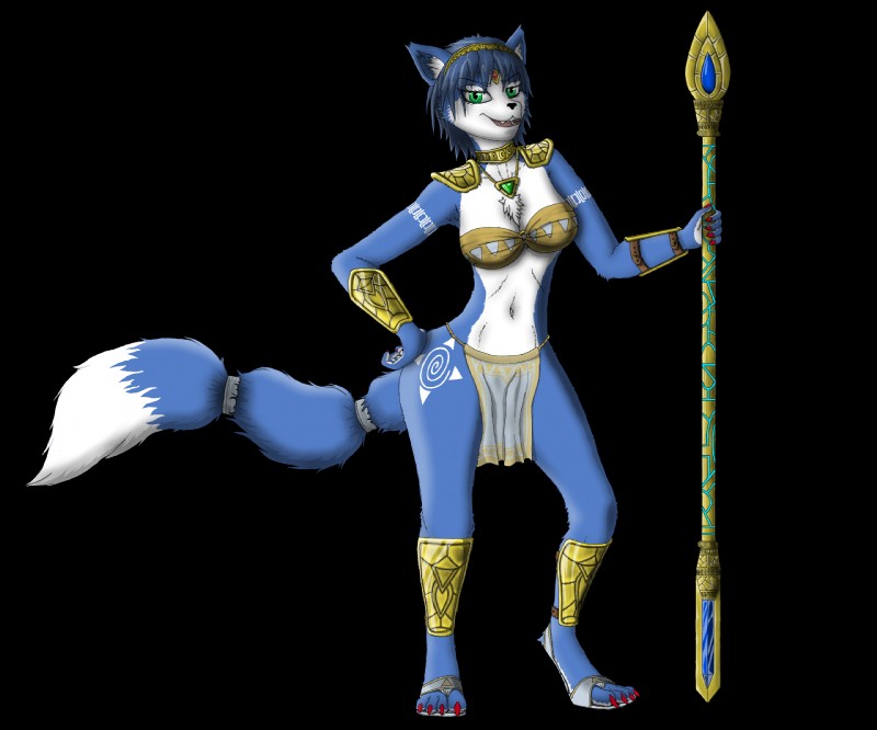 accessory anthro armor blue_body blue_fur blue_hair bottomwear bracers breasts chest_tuft clothing digitigrade female fluffy fluffy_tail footwear fur fur_markings furgonomics green_eyes hair hair_accessory hairband half-closed_eyes hand_on_hip jewelry krystal's_staff loincloth looking_at_viewer markings midriff narrowed_eyes necklace sandals shoes solo staff tail tail_accessory tailband tribal tribal_markings tuft white_body white_fur [in]vader nintendo star_fox krystal_(star_fox) canid canine fox mammal 2019 6:5 alpha_channel hi_res