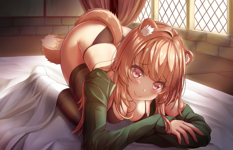 all_fours bed blush breasts brown_body brown_fur brown_hair butt clothing day female fluffy fluffy_tail fur furniture hair inner_ear_fluff inside legwear long_hair looking_at_viewer smile solo tail thigh_highs translucent translucent_hair tuft underwear white_body white_fur kaptivate the_rising_of_the_shield_hero raphtalia animal_humanoid canid canid_humanoid canine canine_humanoid humanoid mammal mammal_humanoid tanuki_humanoid