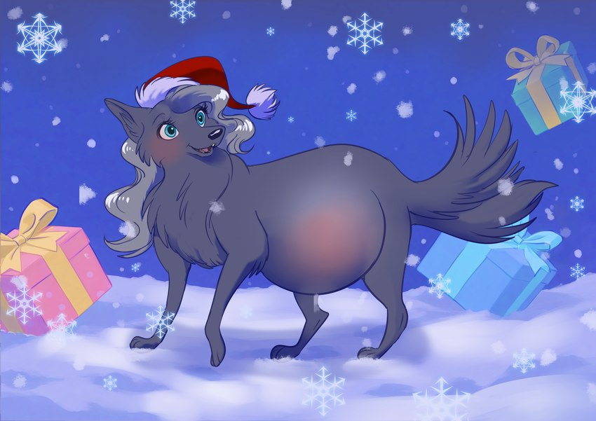 2_tails 3_toes belly big_belly black_nose blue_sky blush cheek_tuft chest_tuft christmas_clothing christmas_headwear christmas_present clothing eyelashes facial_tuft falling_object falling_present fangs feet female female_feral feral feralized fluffy fluffy_tail fur gift grey_body grey_fur grey_hair grey_tail hair hat headgear headwear holidays light long_hair multi_tail open_mouth open_smile outside paws pink_tongue pregnant pregnant_female pregnant_feral quadruped raised_foot red_clothing red_hat red_headwear santa_hat sky smile snow snowflake snowing solo standing tail teeth thin_eyebrows toes tongue tuft wavy_hair winter black_kitty christmas azrael_(tertia) canid canine canis mammal wolf 2024 colored digital_drawing_(artwork) digital_media_(artwork) english_description hi_res lighting shaded