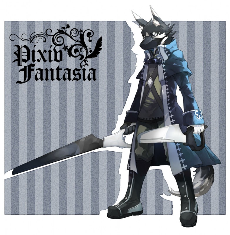 ambiguous_gender anthro armor dual_wielding holding_melee_weapon holding_object holding_sword holding_weapon mask melee_weapon solo sword tail weapon rpbbw pixiv_fantasia canid canine canis mammal wolf