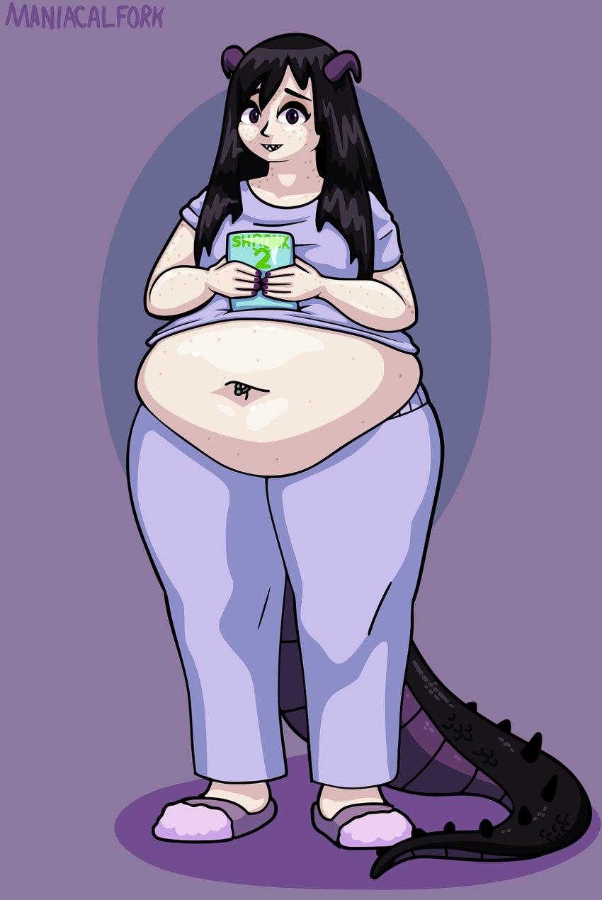 belly big_belly biped black_body black_eyebrows black_hair black_scales black_tail border circle_background clothed clothed_female clothed_humanoid clothing colored_nails countershade_scales countershade_tail countershading curved_horn dragon_tail eyebrows eyelashes female female_humanoid fingernails footwear freckled_arms freckled_belly freckled_face freckles front_view green_text hair holding_object horn light_body light_skin long_hair nails navel navel_piercing neet nerd obese obese_female obese_humanoid overweight overweight_female overweight_humanoid pajamas piercing pupils purple_background purple_body purple_border purple_countershading purple_eyes purple_fingernails purple_horn purple_nails purple_pajamas purple_text scales scaly_tail shadow sharp_teeth shoes simple_background slippers smile smiling_at_viewer solo standing tail teeth text thick_tail thick_thighs maniacalfork dreamworks mythology shrek_(series) michiko_(maniacalfork) animal_humanoid dragon dragon_humanoid humanoid mythological_creature mythological_scalie scalie 2019 artist_name colored digital_drawing_(artwork) digital_media_(artwork) english_description full-length_portrait hi_res portrait shaded