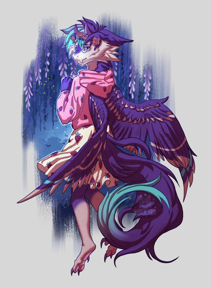 anthro blue_hair bottomwear clothed clothing eyewear feathered_wings feathers flower flower_crown glasses hair multicolored_hair plant purple_hair purple_hands purple_wings skirt tail wings melodyofforest mythology dragon mythological_creature mythological_scalie scalie 2024 digital_media_(artwork) hi_res