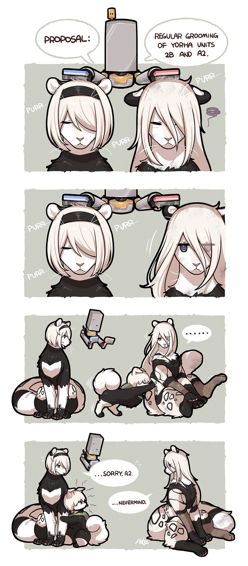 black_body black_fur curled_tail dialogue ellipsis feral front_view fur group hair hair_over_eye machine markings one_eye_obstructed pushing size_difference speech_bubble spots spotted_body spotted_fur tail text whiskers white_body white_fur missaka nier_automata platinumgames pod_042 yorha_2b yorha_9s yorha_a2 canid canine canis domestic_dog felid mammal pantherine robot snow_leopard 2022 absurd_res comic english_text hi_res