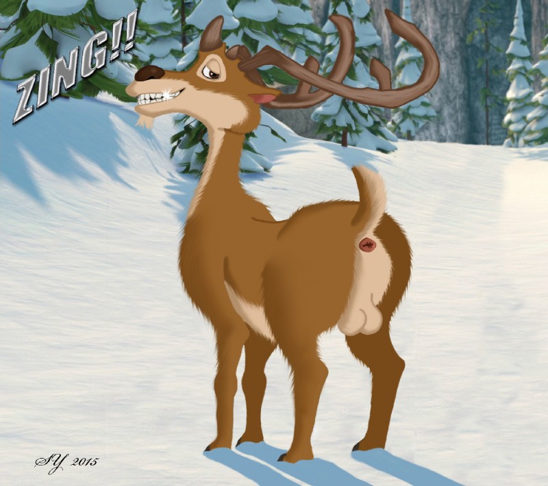 backsack balls butt feral genitals looking_at_viewer male outside pose snow solo skateryena blue_sky_studios ice_age_(series) prancer deer mammal new_world_deer reindeer hi_res