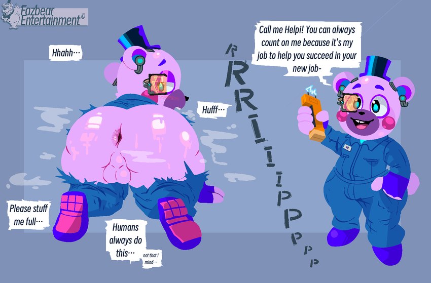 anthro anus backsack balls big_butt bodily_fluids butt clothing dialogue femboy genitals glistening glistening_body male musk musk_clouds overweight solo speech_bubble sweat text tight_clothing torn_clothing echochamber five_nights_at_freddy's five_nights_at_freddy's:_security_breach scottgames steel_wool_studios helpi_(fnaf) bear mammal hi_res