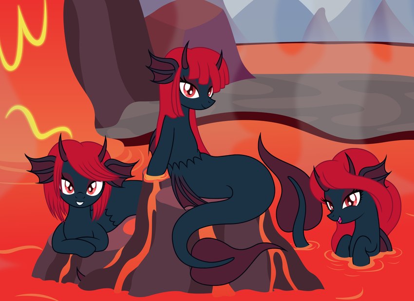 ear_fins eyeshadow female feral fin group hair horn lava looking_at_viewer makeup red_eyes red_eyeshadow red_hair trio badumsquish hasbro my_little_pony demon demon_pony equid equine horse mammal merpony monster pony hi_res