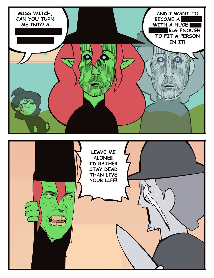 black_sclera blue_eyes bodily_fluids clothing day duo eyewear female hair hat headgear headwear holding_knife holding_object humanoid_pointy_ears knife long_hair magic_user outside pointy_ears possession red_hair sky standing sunglasses tears text witch witch_hat bonnymama7 here's_johnny_(meme) elphaba_(bonnymama7) ghost humanoid spirit absurd_res comic english_text hi_res meme